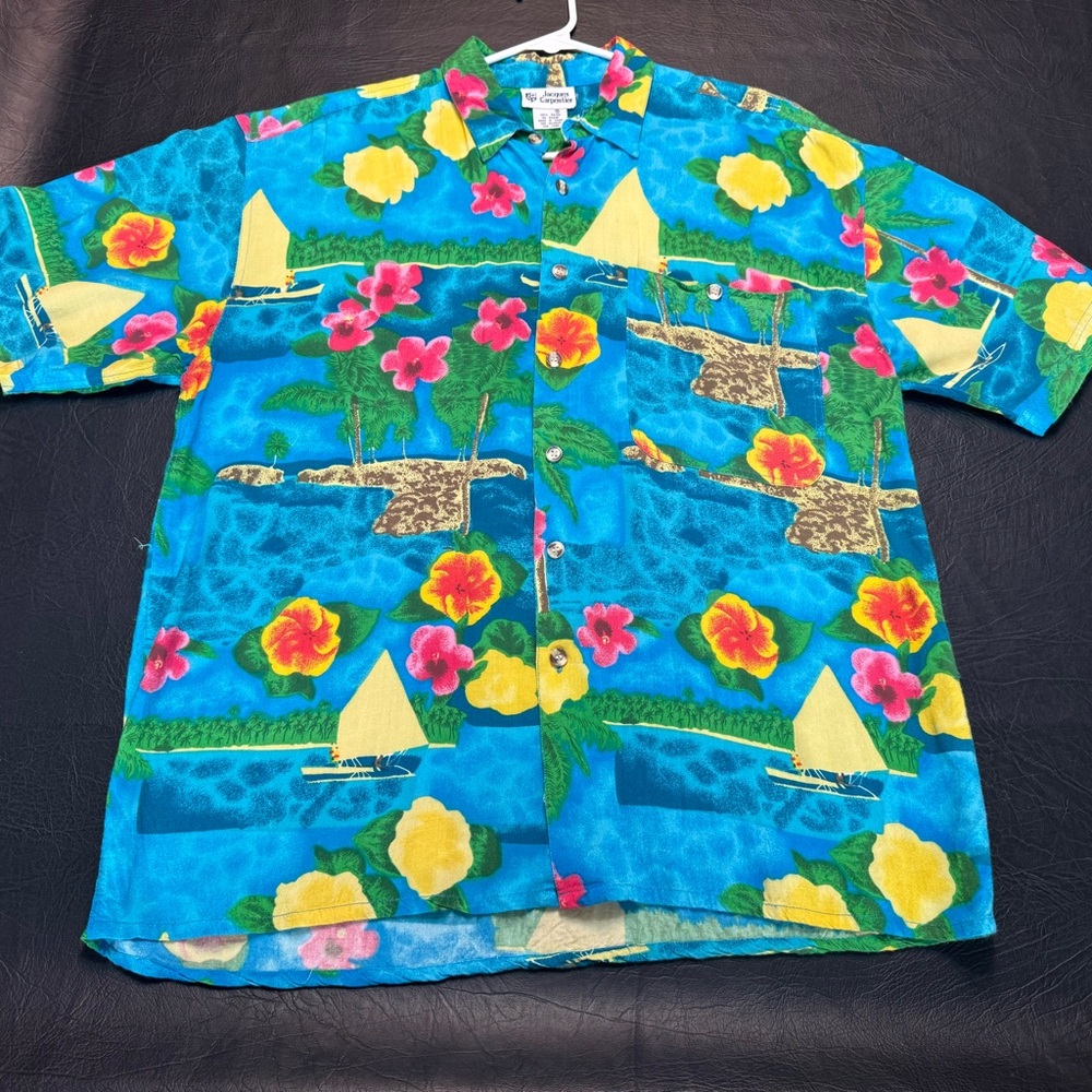 Jacques Carpentier Hawaiian Shirt Mens M Blue Tropical Island Shirt